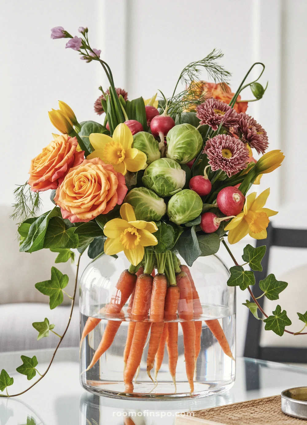 Spring floral-vegetable centerpiece with carrots, daffodils, and roses in a glass vase on a farmhouse coffee table.