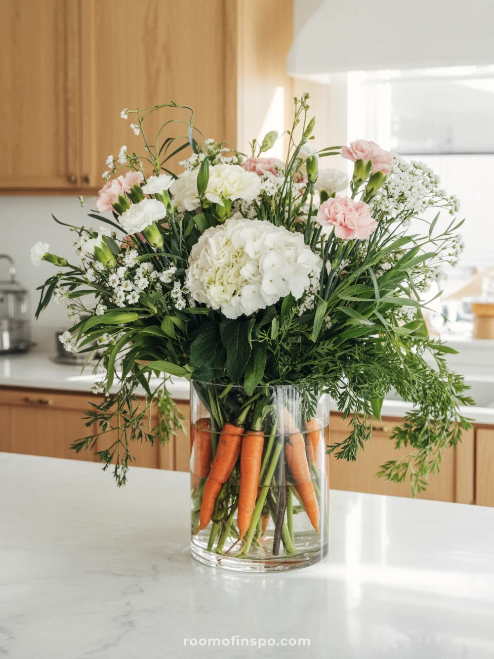 Tall spring arrangement of white flowers and carrots in a glass vase on a marble kitchen counter with bright sunlight.