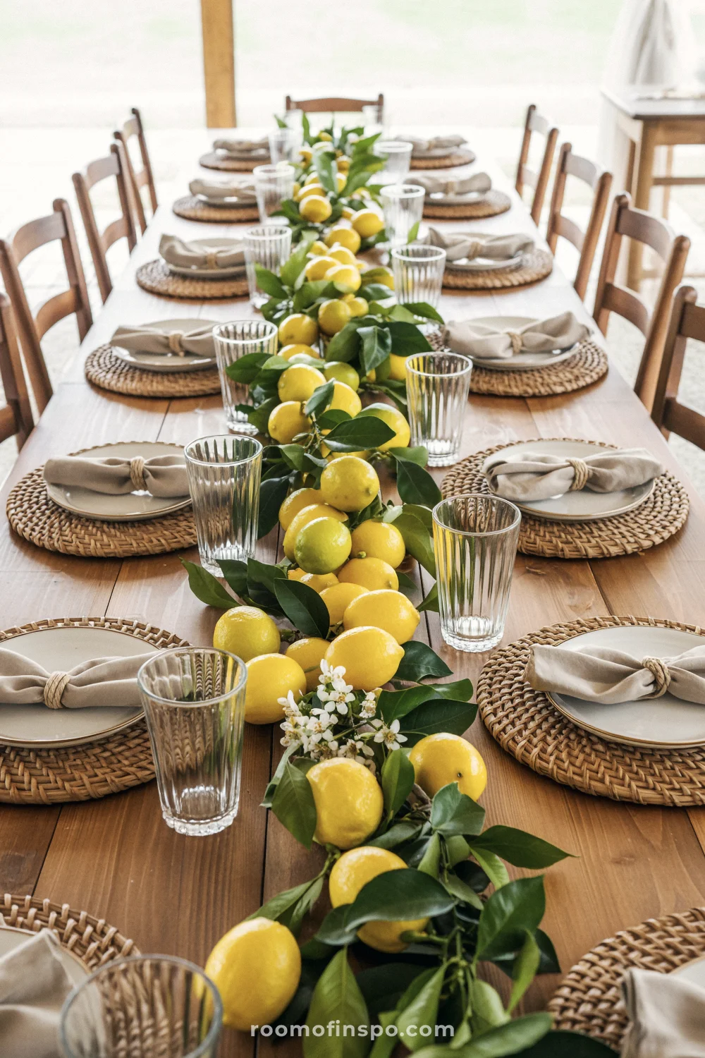 White-linen table with yellow napkins, vases of tulips and lemons, and clear stemware in daylight.