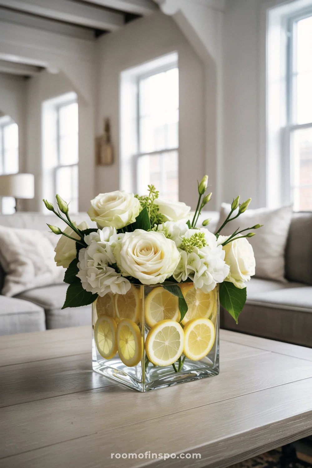 Spring floral arrangement with lemons and white blooms in a glass vase on a coffee table in a modern farmhouse living room.