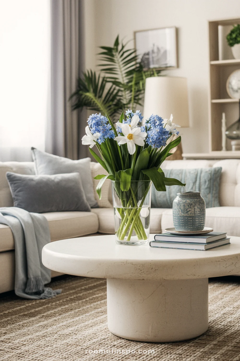 A spring coffee table styled with soft blue accents.
