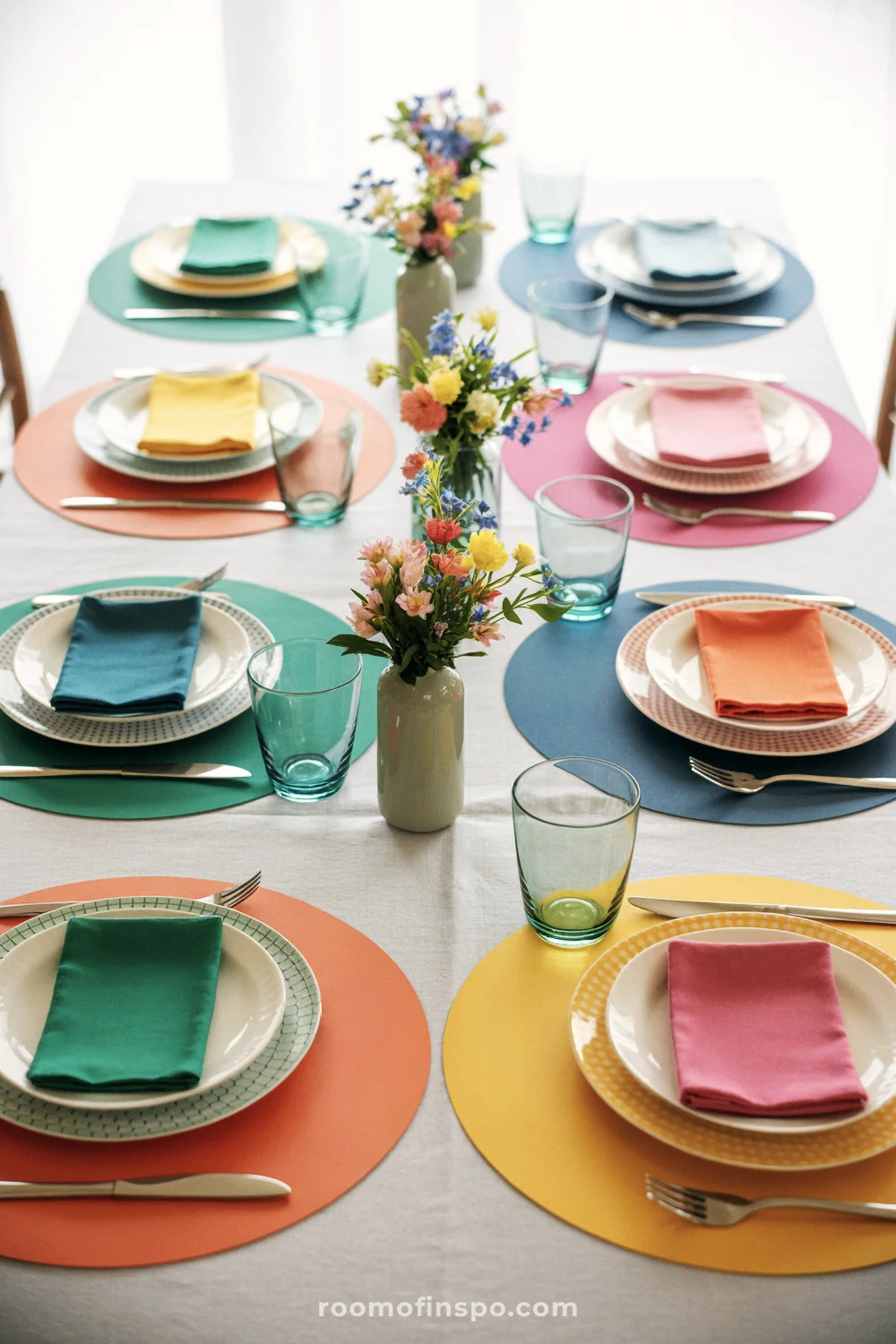 White-based table with colorful placemats, mixed patterned plates, varied napkins, and low vases of mixed blooms.