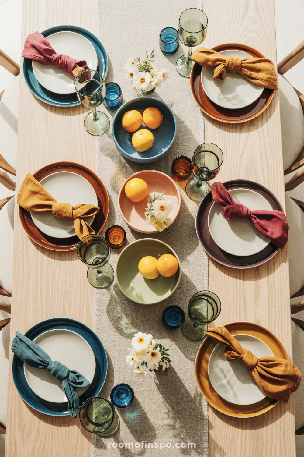 Light wood table with gemstone-toned chargers and napkins, tinted goblets, and colorful bowls with citrus and flowers.