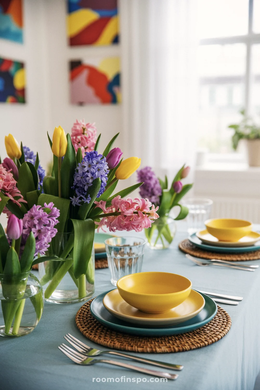 Spring table setting with tulips and hyacinths in glass vases, stacked colorful plates, and bright natural light.