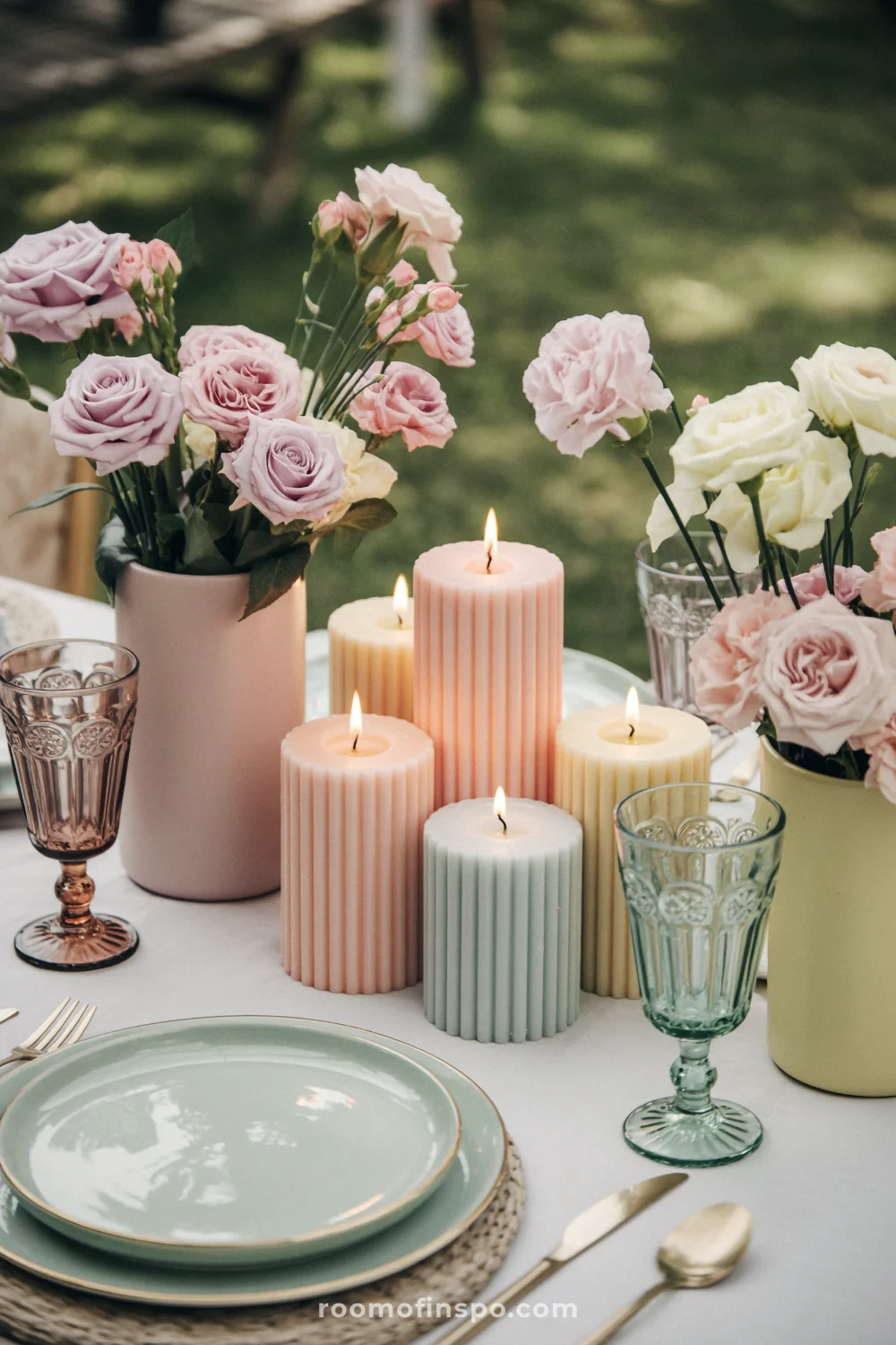 Elegant pastel spring table with lit candles, pink floral arrangements, vintage glassware, and mint green plates on a white tablecloth.