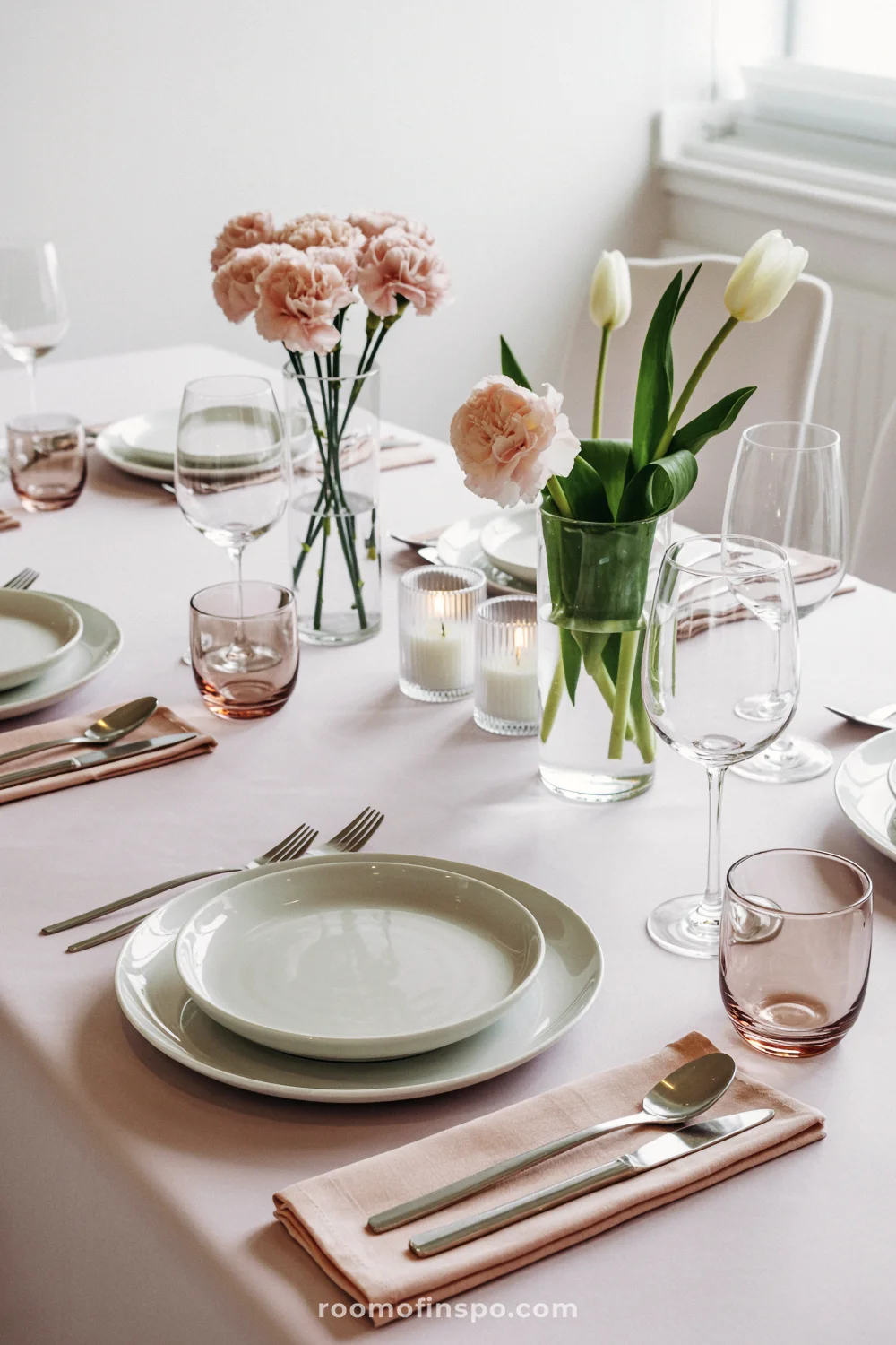 White table with pale pink napkins, pink-tinted tumblers, two low flower vases, and small clear votives.