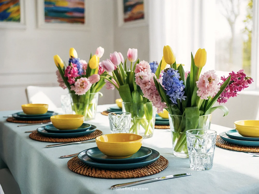 Spring table setting with tulips and hyacinths in glass vases, stacked colorful plates, and bright natural light.