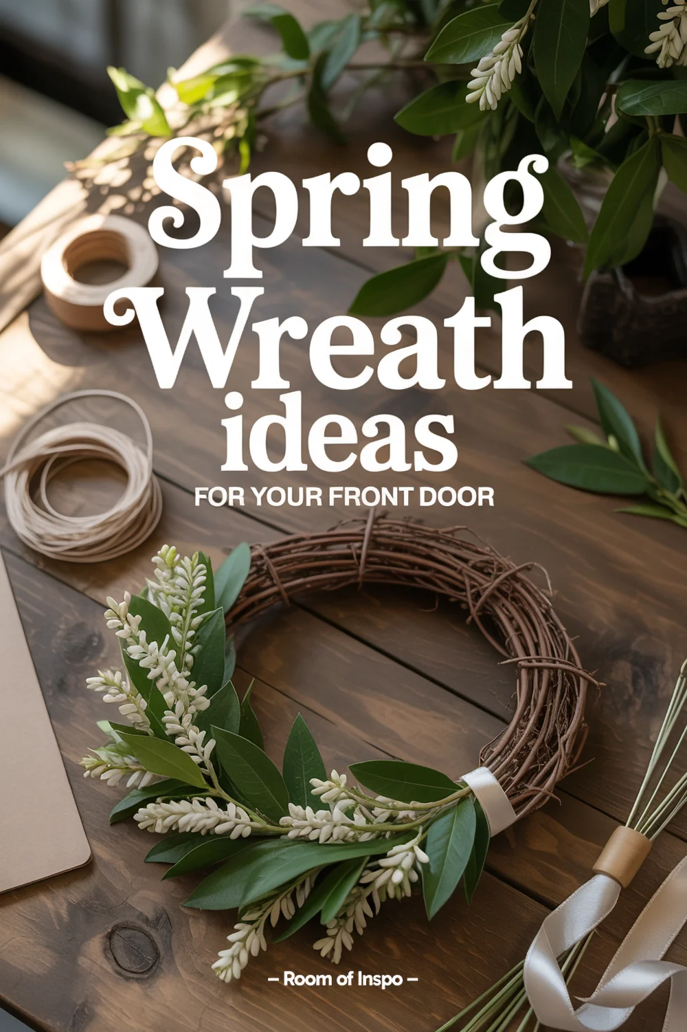 Flat lay image of diy spring wreath materials with the phrase “DIY Spring Wreaths for Front Door Made Simple”.