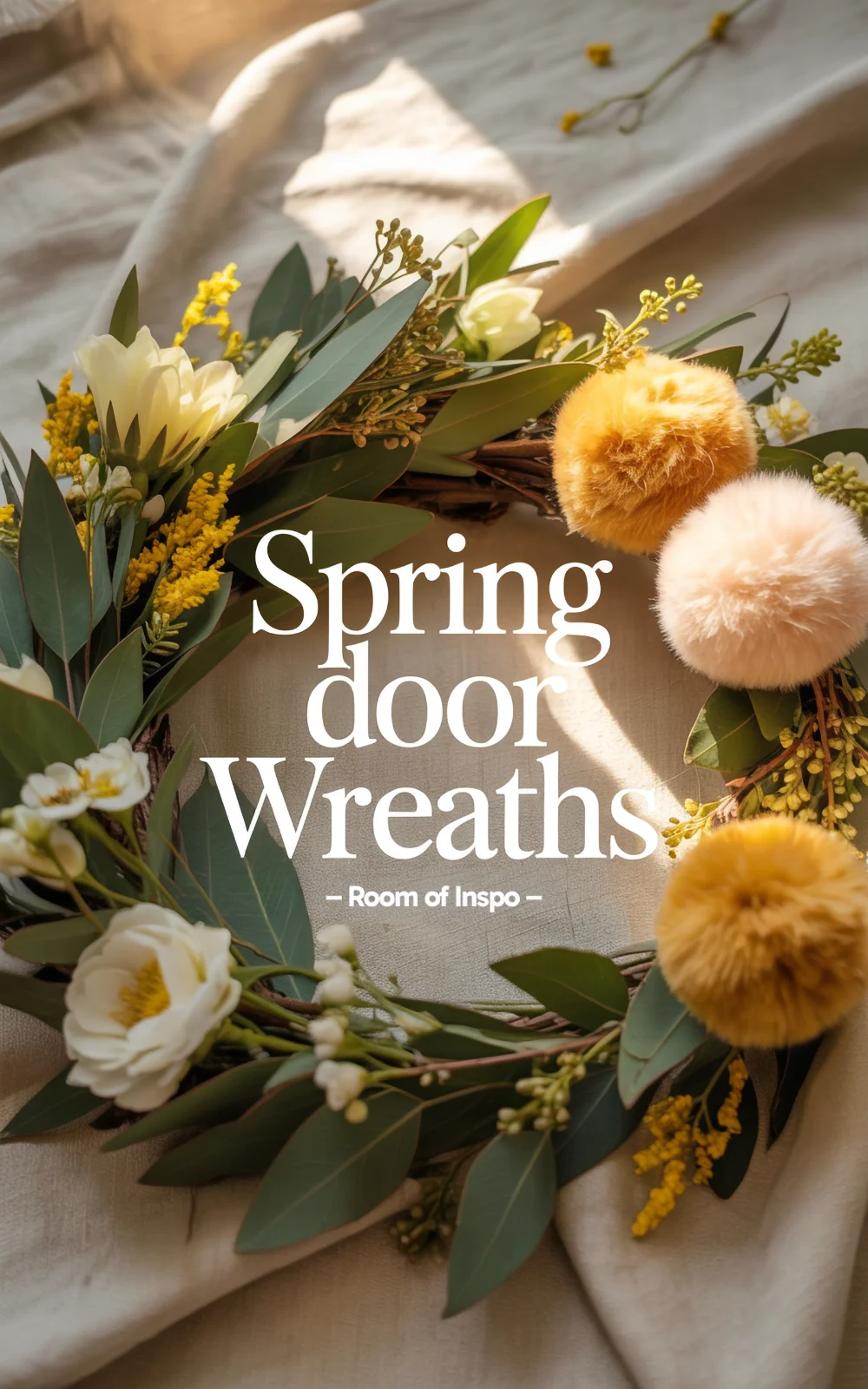 Flat lay image showcasing spring door wreath components and the text “Spring Door Wreaths That Feel Like Warm Sunshine”.