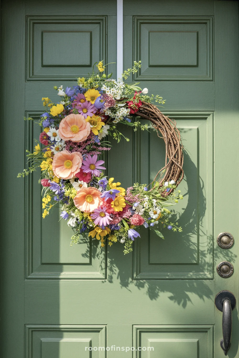Colorful spring flower wreath with poppies, daisies, bellflowers, and cosmos centered on sage green paneled door.
