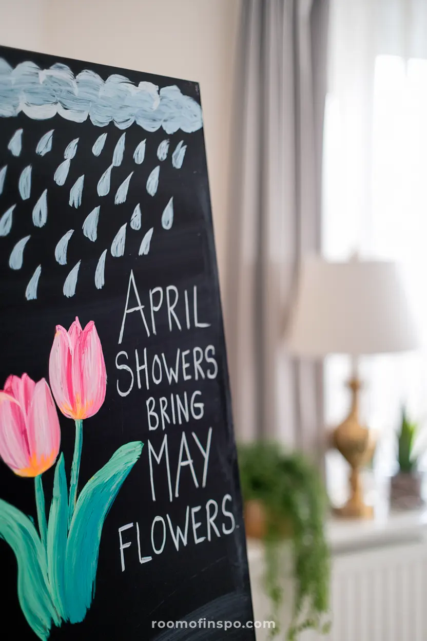 A black chalkboard design with tulips, raindrops, and a cheerful seasonal quote.