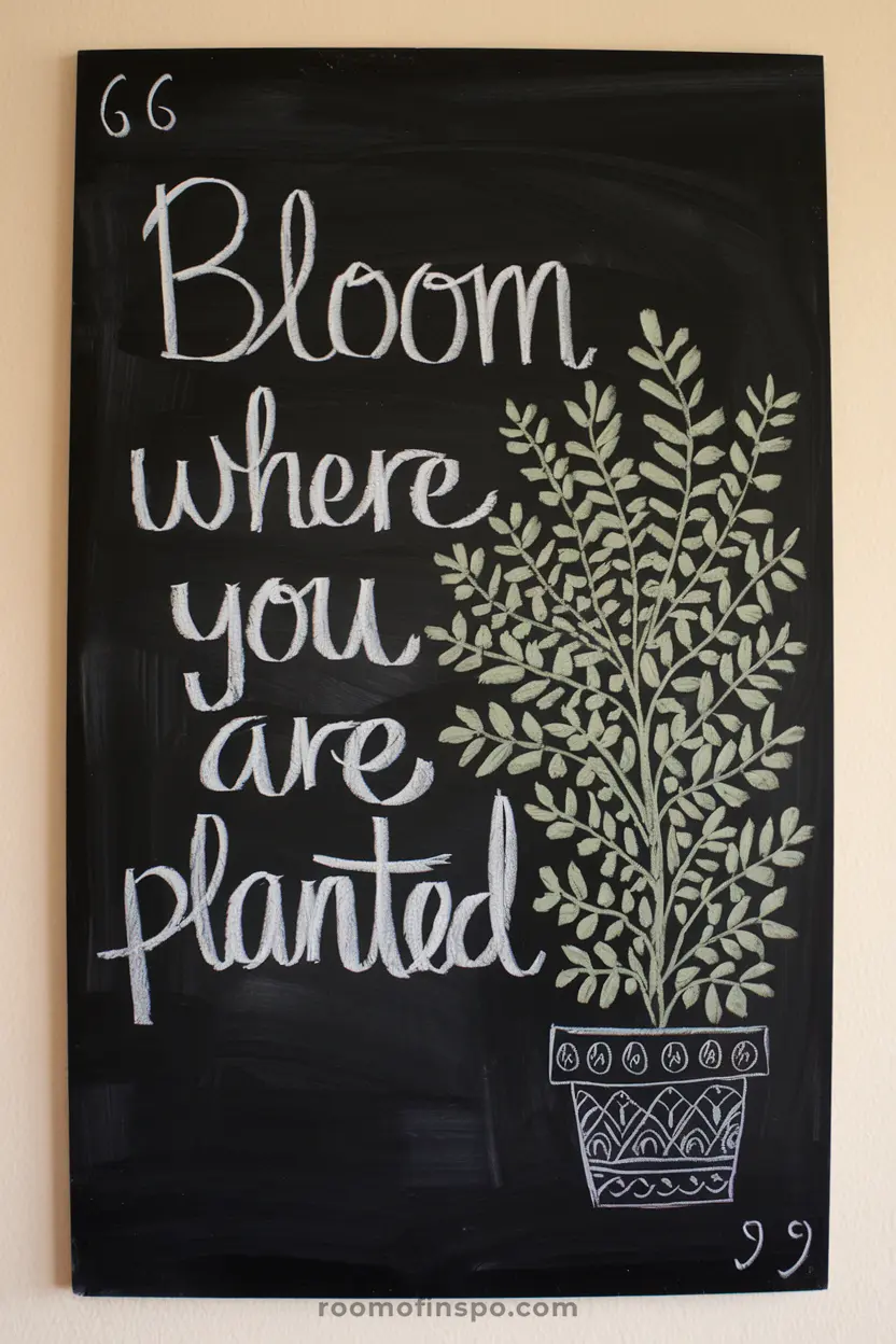 A black chalkboard with a cheerful quote and a potted plant featuring lively leaves and decorative details on the pot.