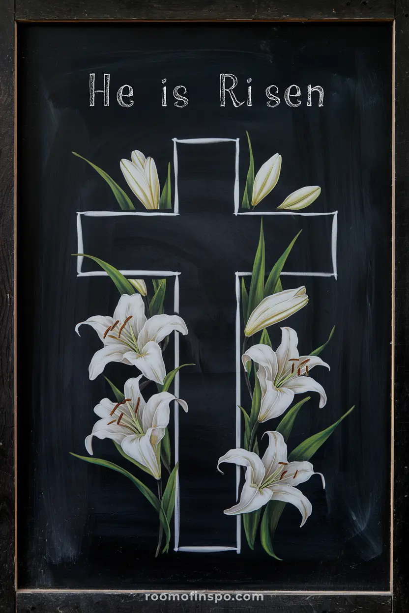 A faith-inspired chalkboard design with lilies and a cross for Easter.