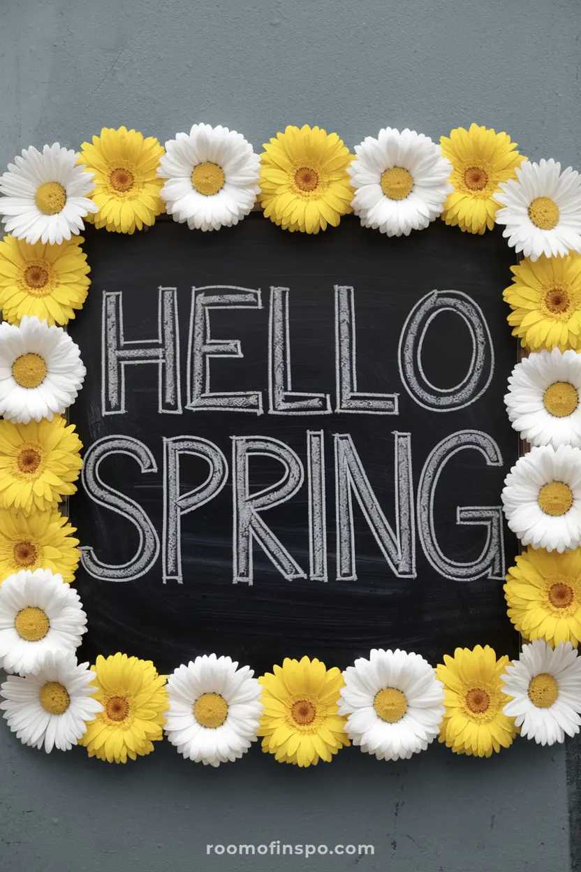 A black chalkboard featuring "Hello Spring" text framed by a daisy garland in yellow and white tones.