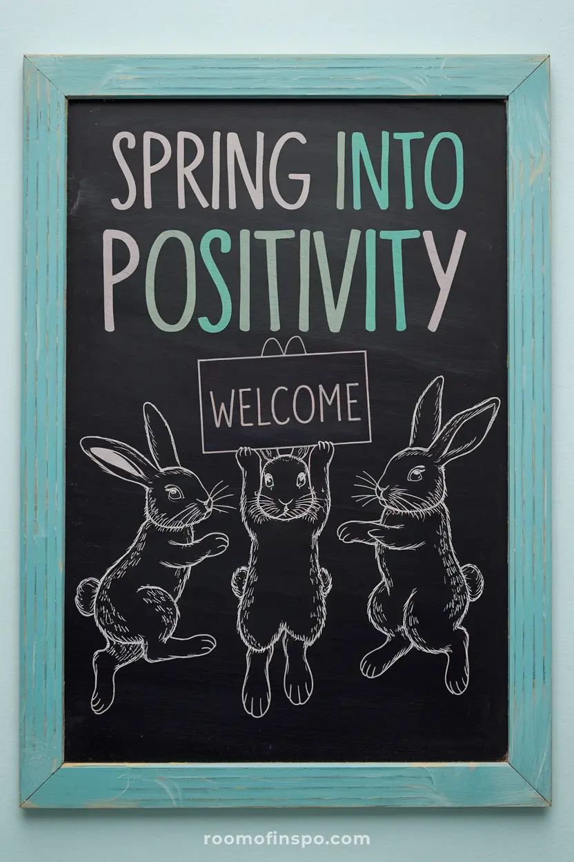 A playful chalkboard design with jumping rabbits and seasonal text.