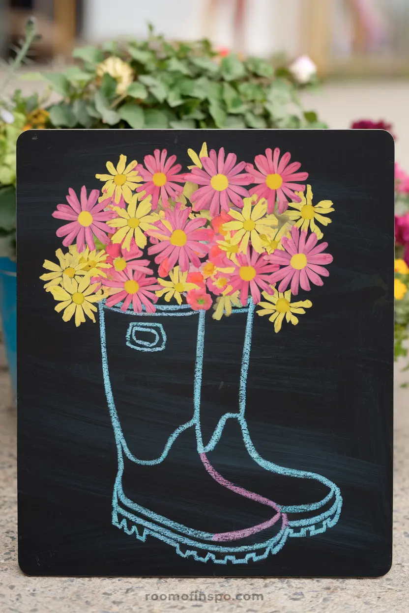 A chalkboard design featuring rain boots filled with cheerful spring flowers.