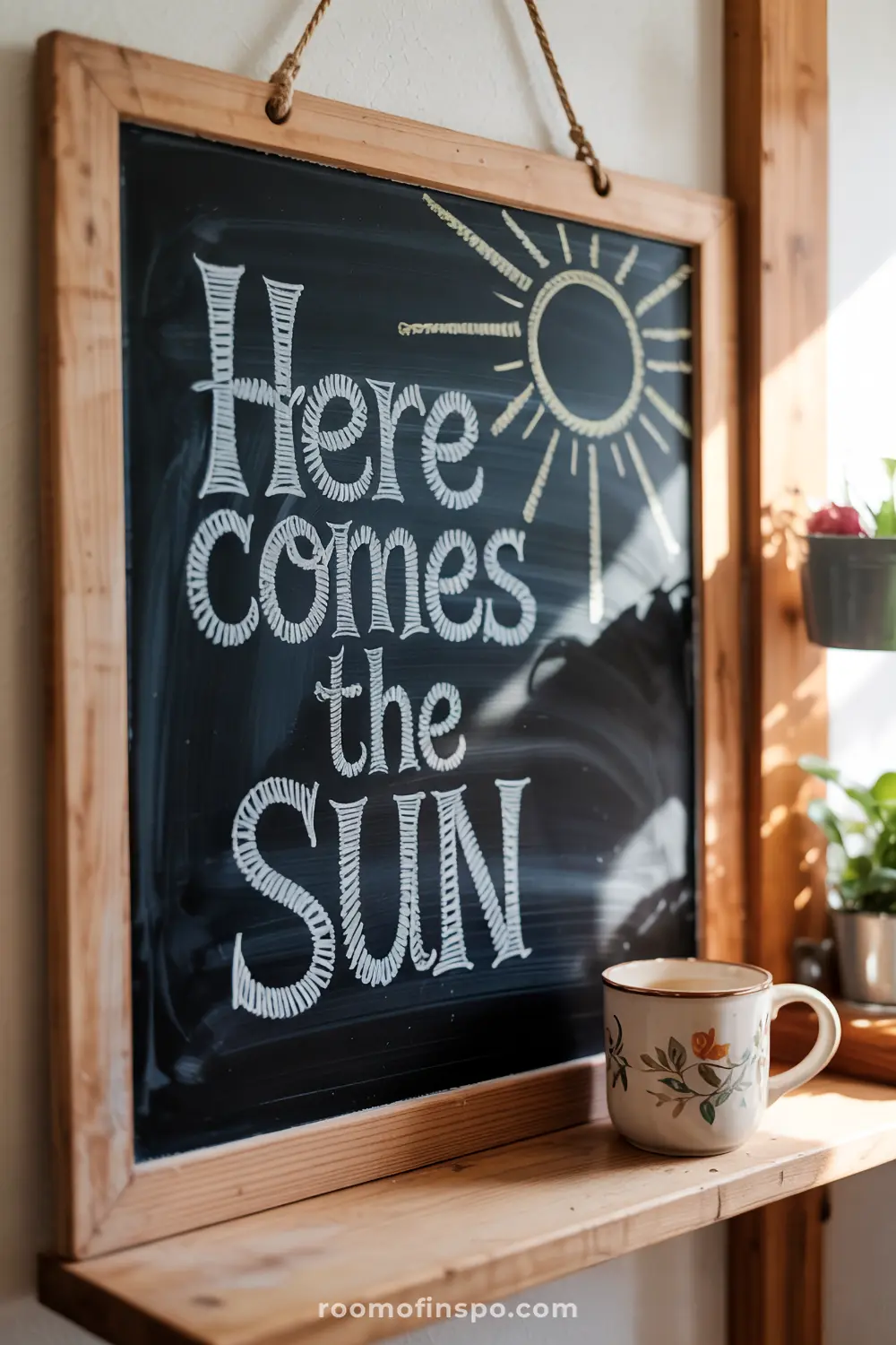 Chalkboard with "Here comes the sun" and a sunburst doodle, set indoors.