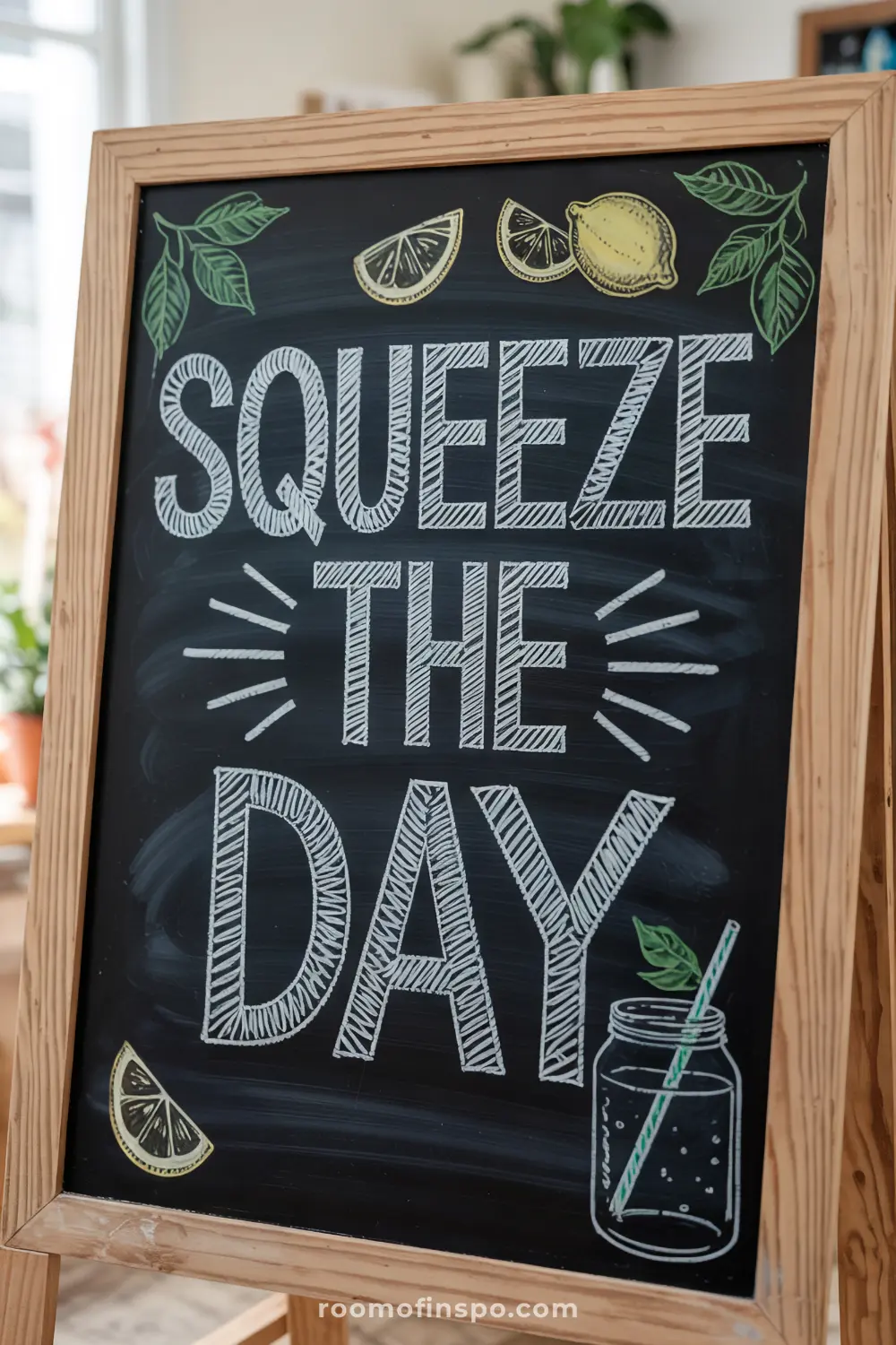 Chalkboard saying "Squeeze the day" with lemon doodles in a cozy indoor space.