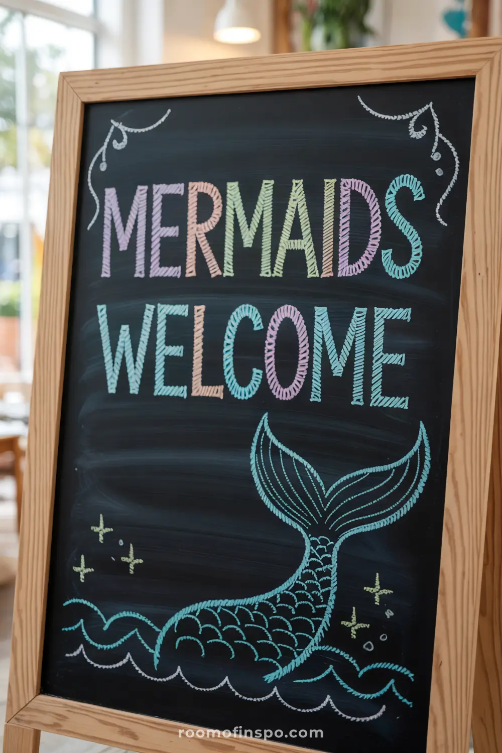 Chalkboard reading "Mermaids welcome" with mermaid tail and wave doodles indoors.