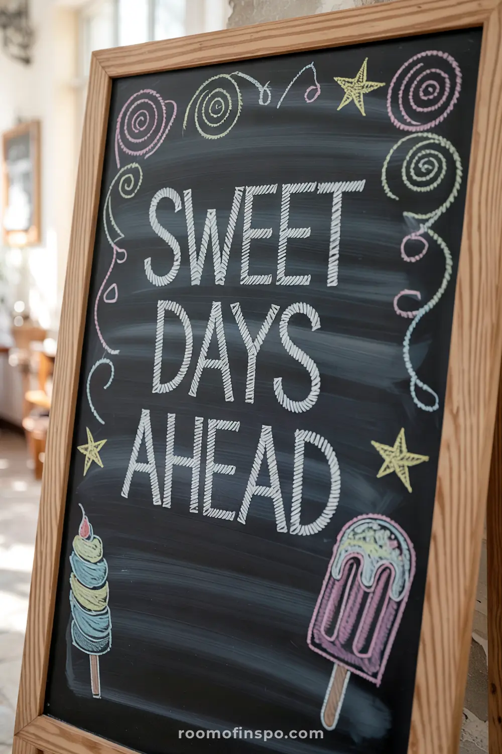 Chalkboard with "Sweet days ahead" and candy spiral doodles in an indoor setting.