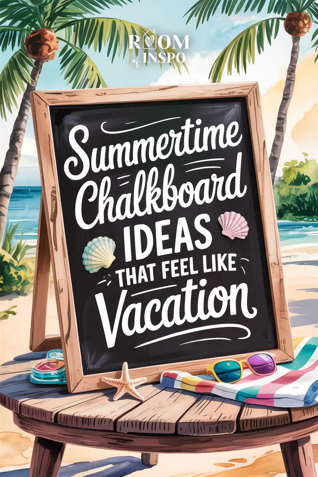 A chalkboard is set up on a beach with palm trees and ocean waves in the background, displaying the text "Summertime Chalkboard Ideas That Feel Like Vacation".
