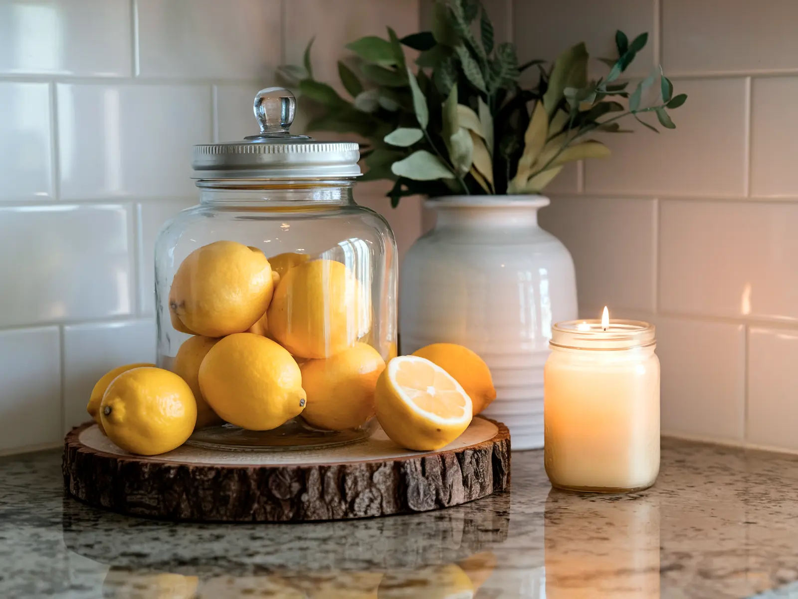 A cozy living room scene with an earthy feel, featuring a glass jar filled with lemons, a lit candle, and a white vase with green foliage on a granite countertop.