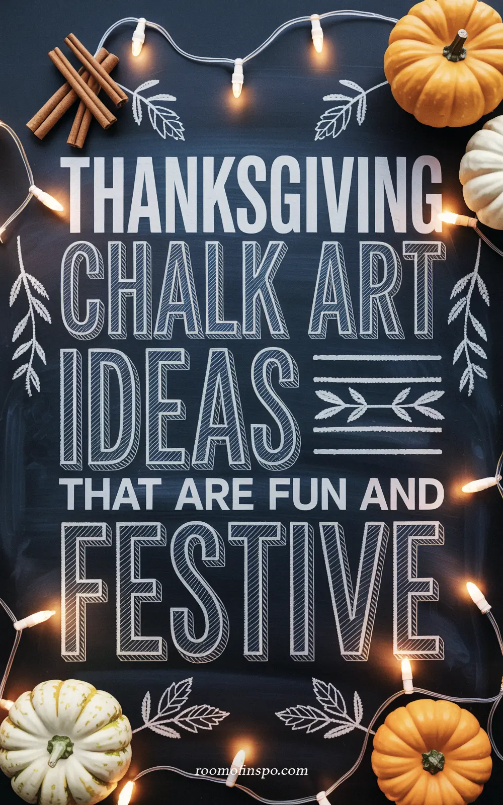 A black chalkboard with the white text "Thanksgiving Chalk Art Ideas That Are Fun and Festive," surrounded by pumpkins, cinnamon sticks, and string lights.