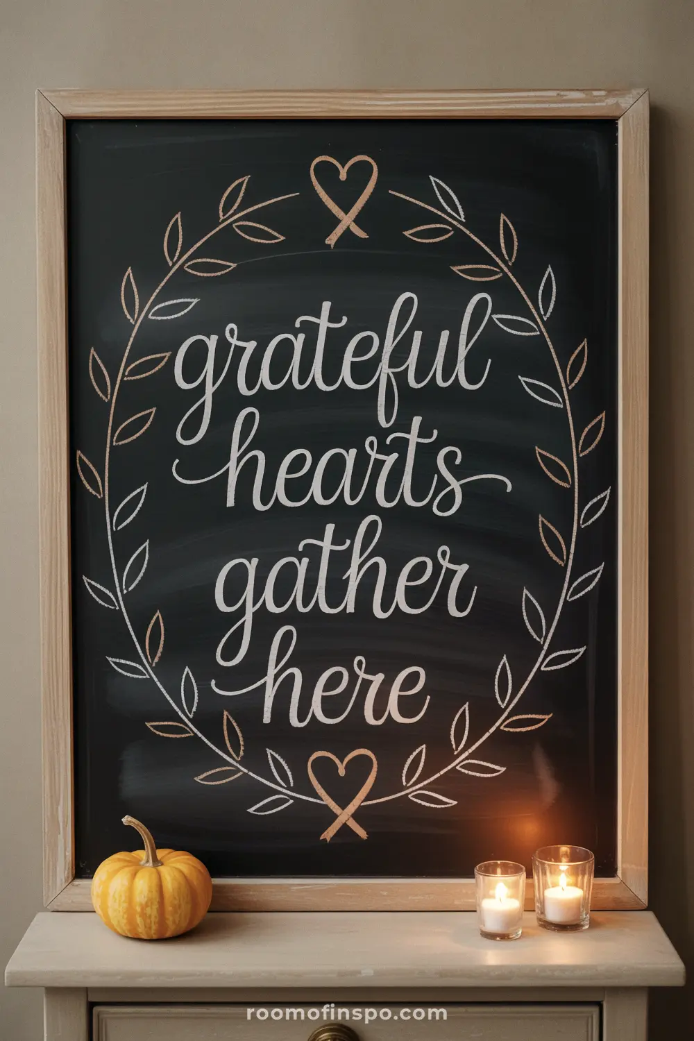A framed chalkboard with the Thanksgiving message "grateful hearts gather here" written inside a wreath, with a small pumpkin beside it.