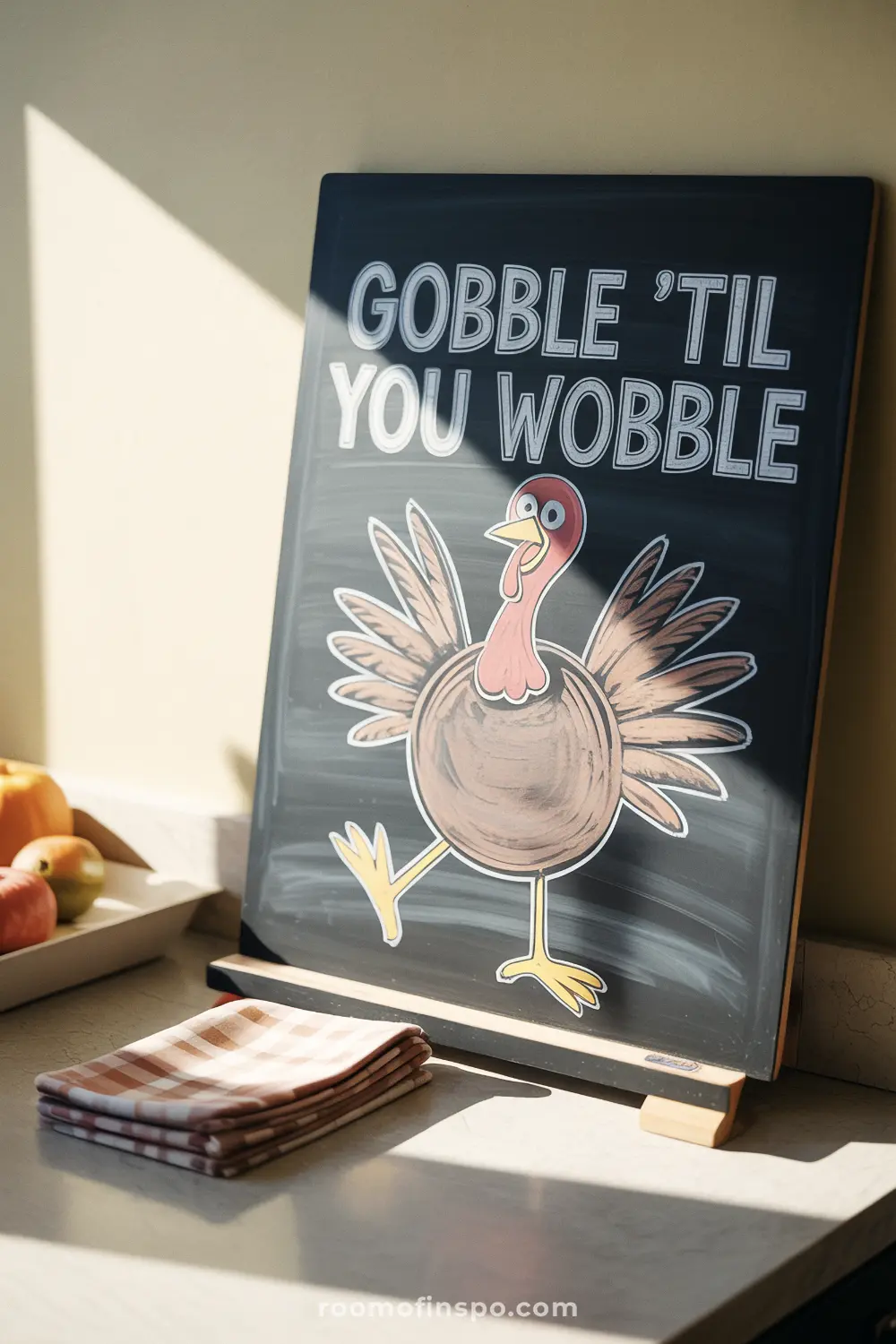 A dark chalkboard on an easel with a cartoon drawing of a dancing turkey and the Thanksgiving phrase, "Gobble 'til you wobble".