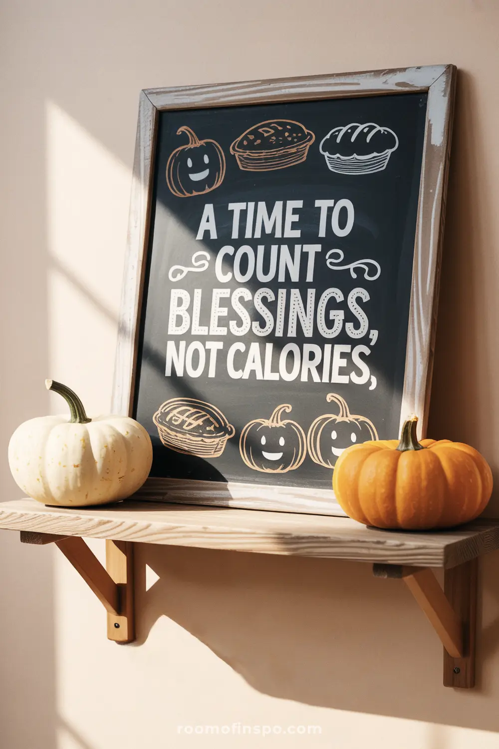 A wooden-framed chalkboard on a shelf with a playful Thanksgiving message about counting blessings, not calories, surrounded by pumpkins.