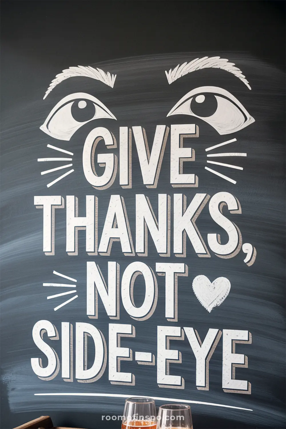 A large chalkboard with a humorous Thanksgiving message "Give Thanks, Not Side-Eye" and a drawing of two big, staring eyes.