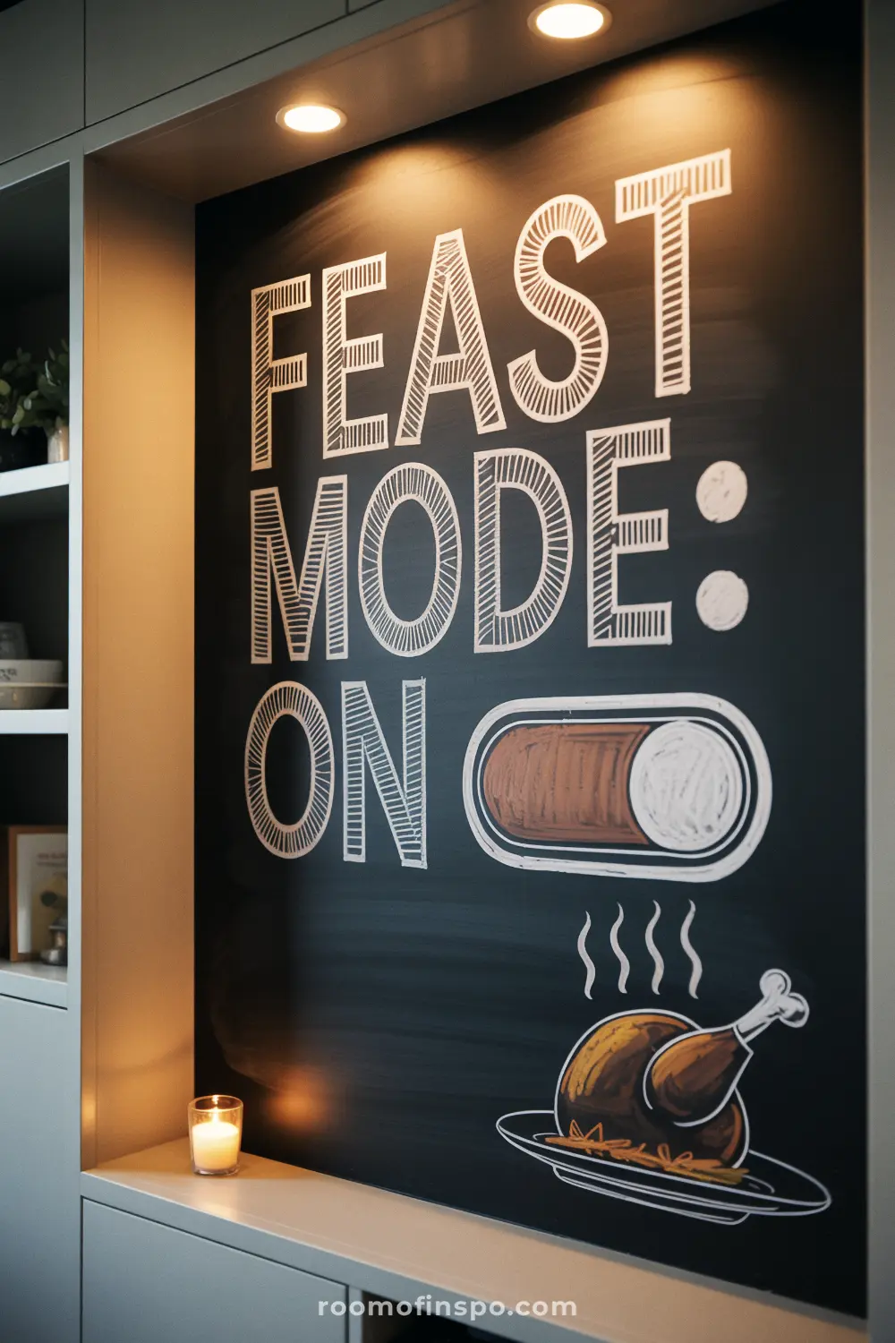 A wall-mounted chalkboard with a chalk drawing of a turkey and the Thanksgiving phrase, "Feast Mode: On," with a toggle switch.