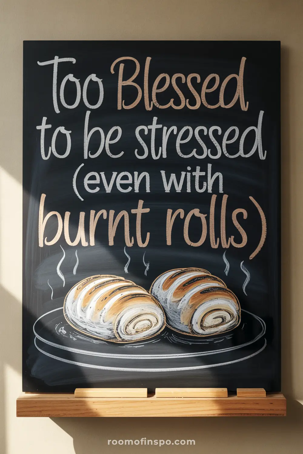 A rustic chalkboard on a wooden shelf with a Thanksgiving message about being blessed even with burnt rolls, featuring a drawing of burnt rolls.