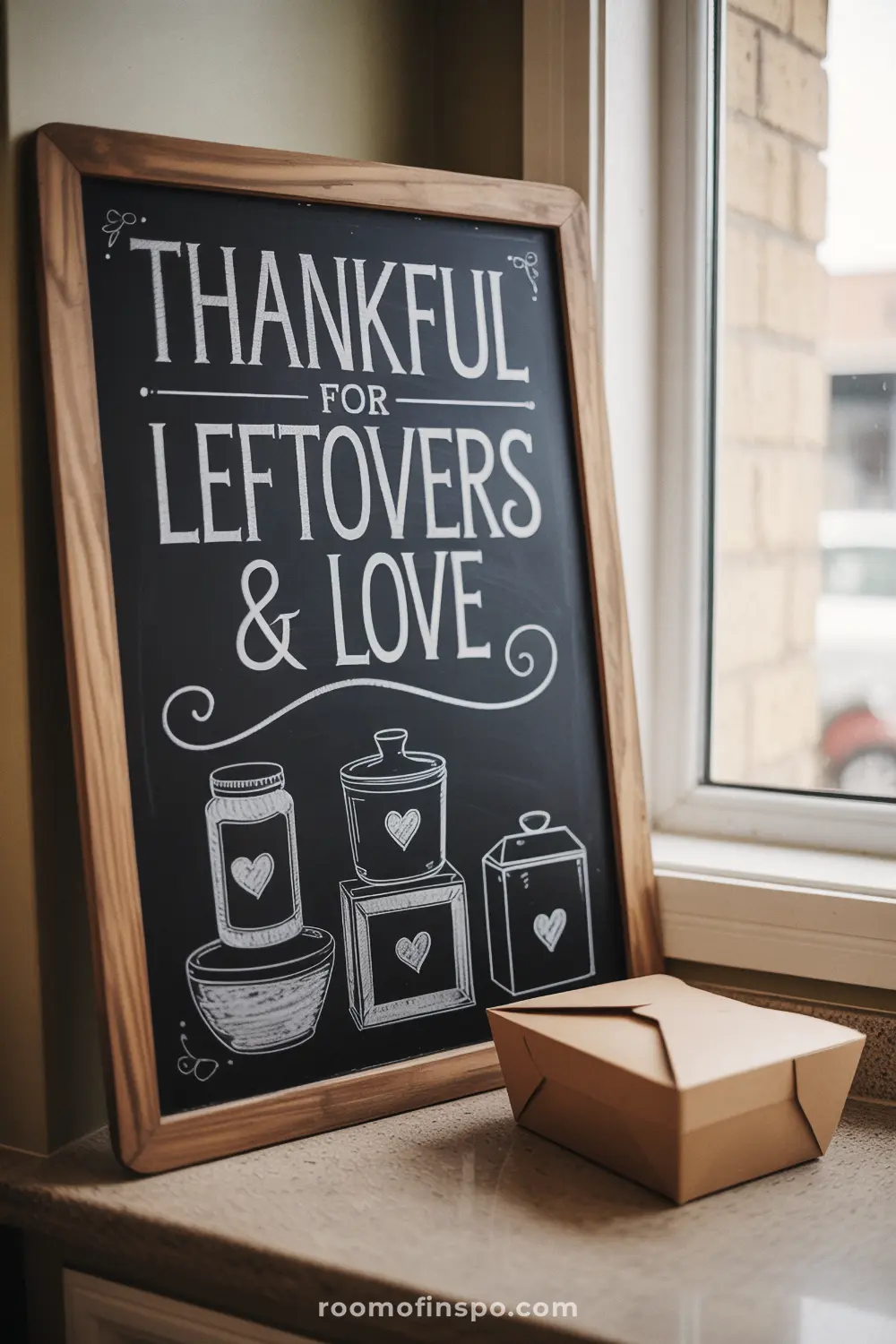 A dark framed chalkboard with a Thanksgiving message "Thankful for leftovers & love" and drawings of food containers, next to a takeout box.