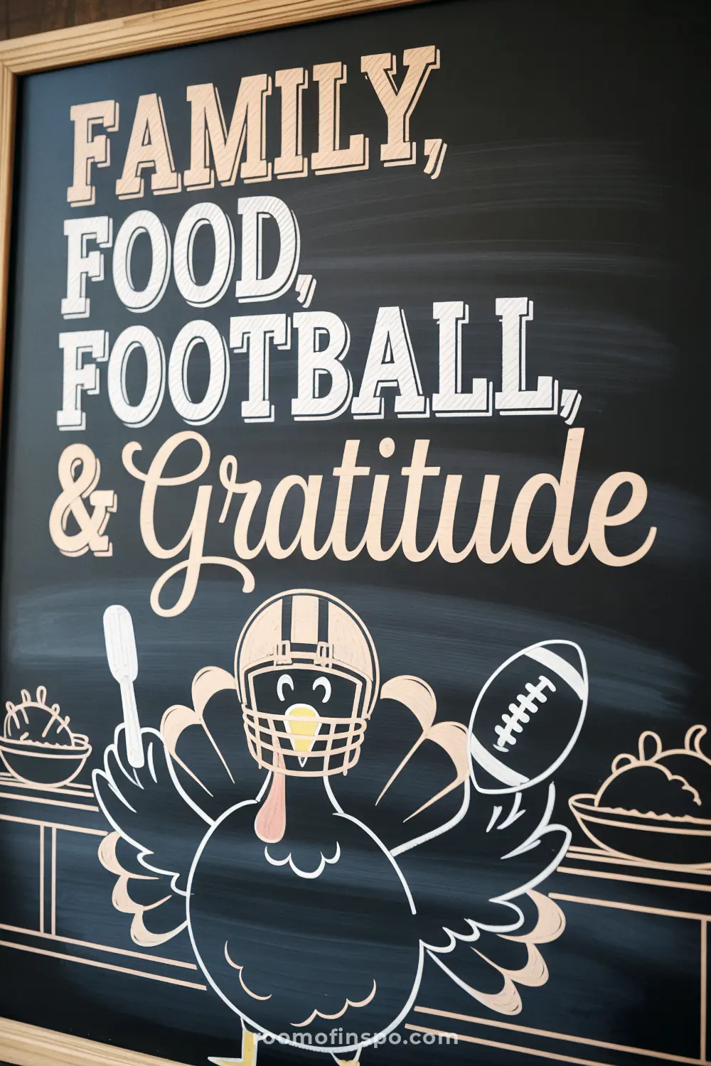 A dark chalkboard with a drawing of a turkey in a football helmet and the Thanksgiving phrase "Family, food, football & gratitude".