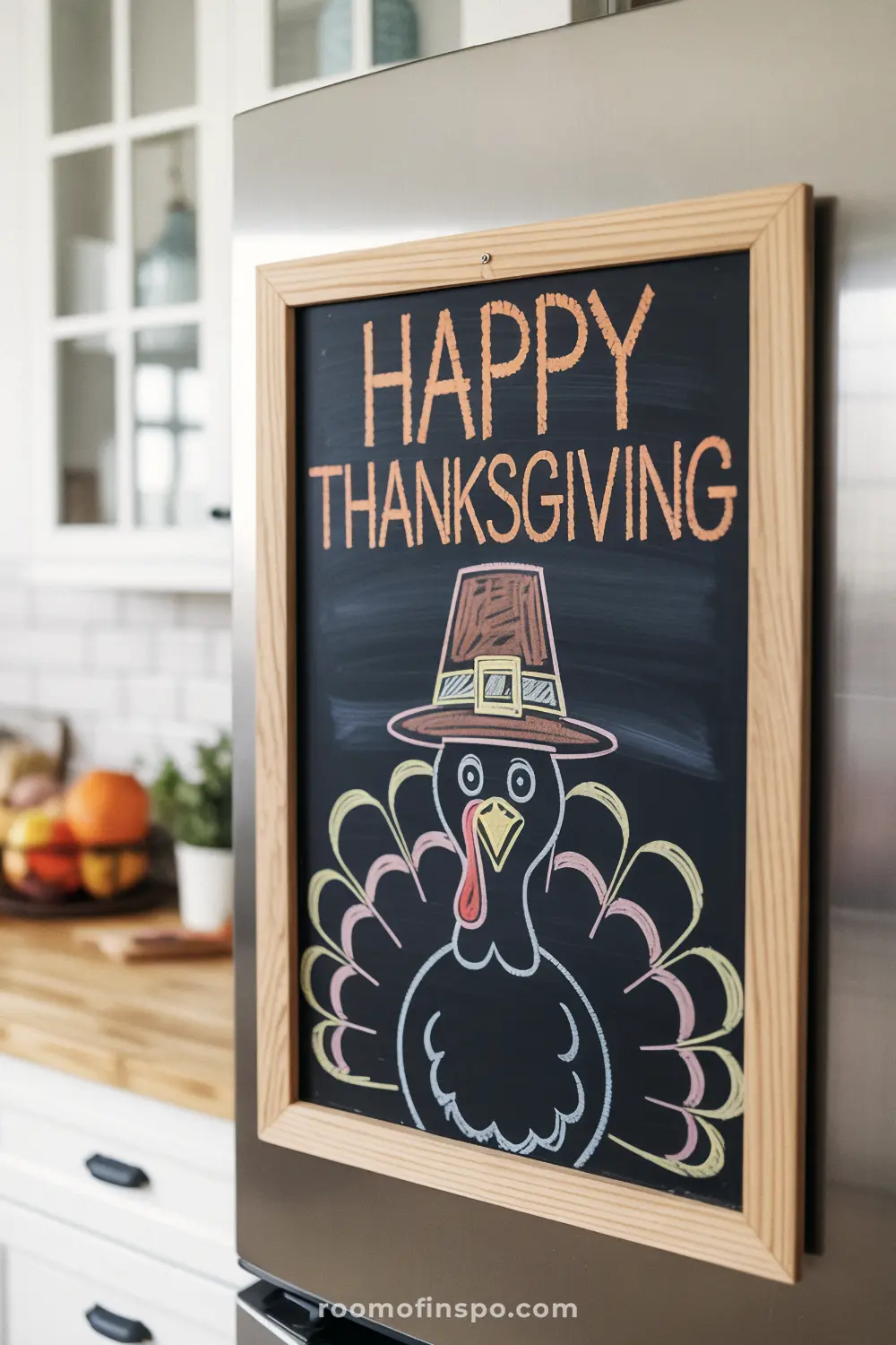 A black chalkboard sign with a hand-drawn turkey and the words "Happy Thanksgiving" in orange lettering.