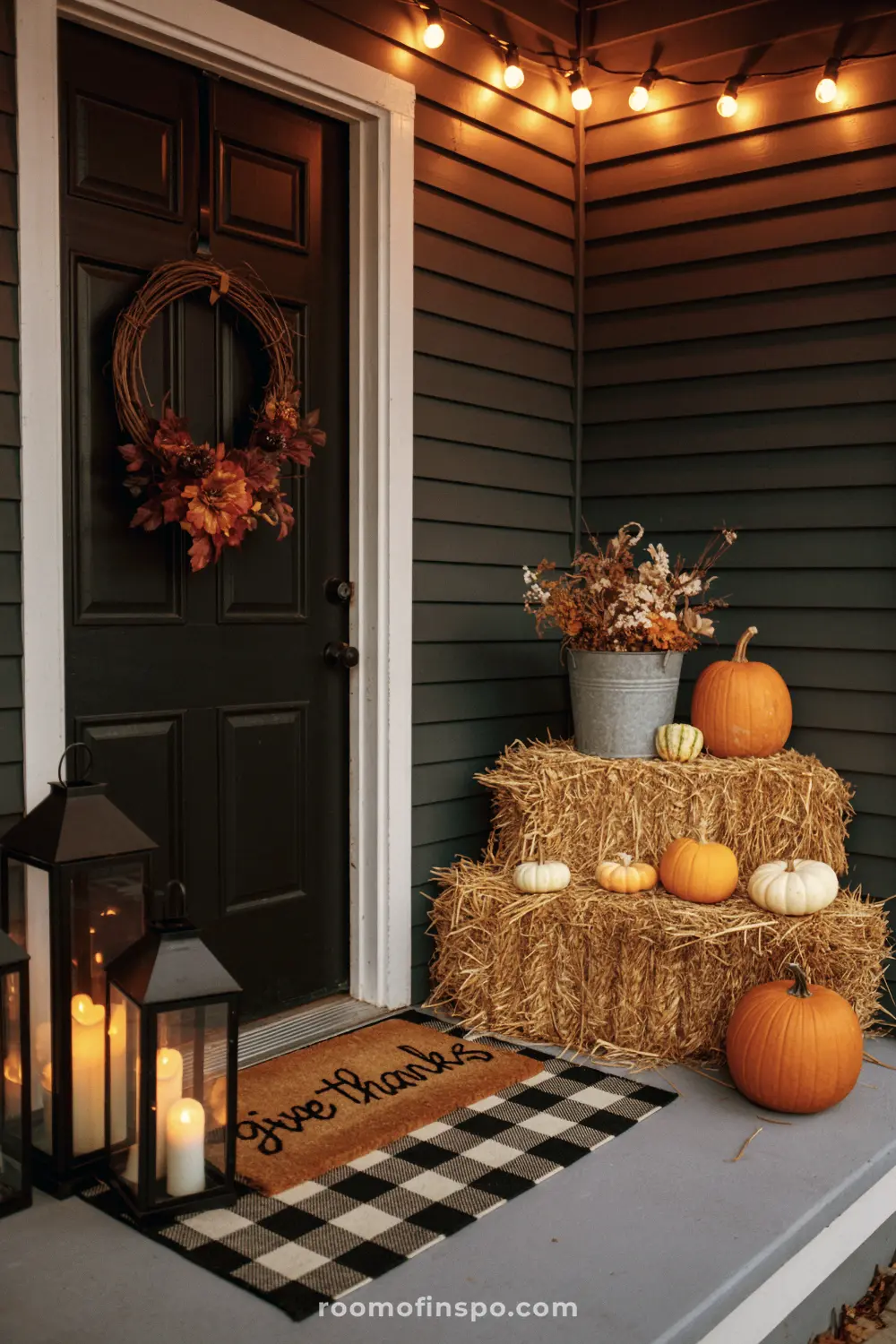 A cozy front porch decorated for thanksgiving with pumpkins, hay bales, and a welcome mat.