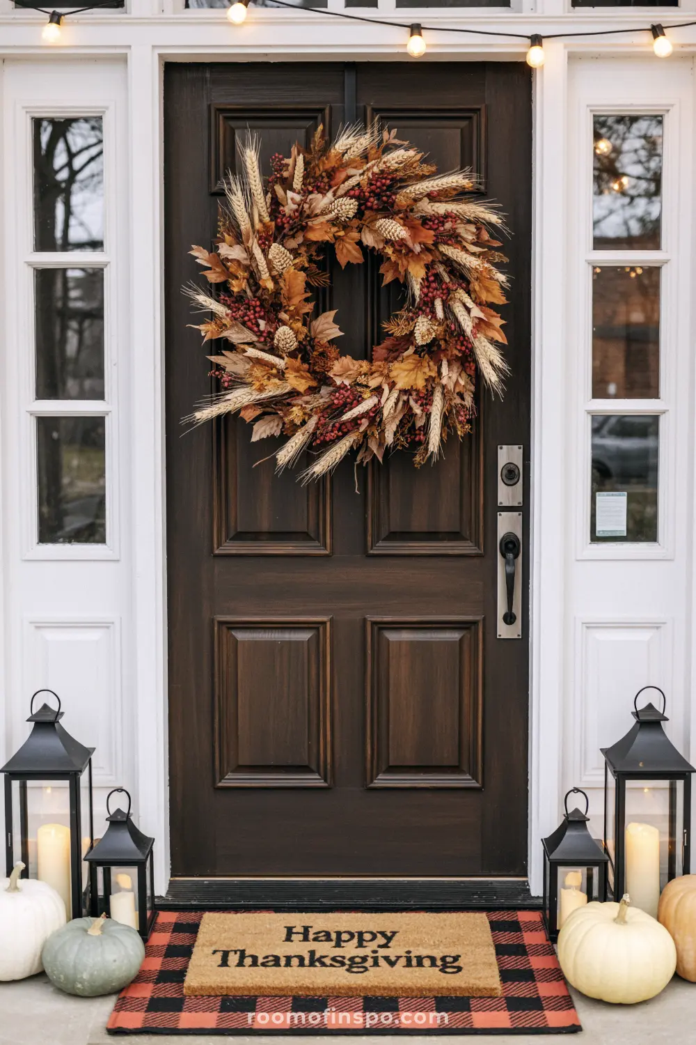 A rustic wreath made of leaves, wheat, and berries on a dark wood door for thanksgiving.