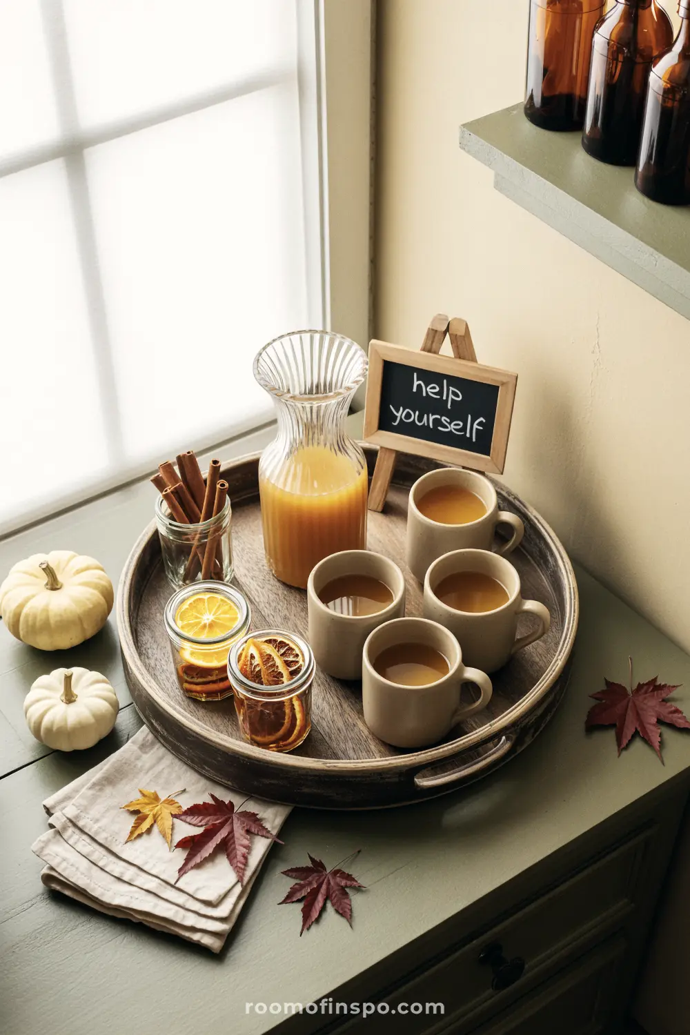 A warm thanksgiving drink station with apple cider, mugs, cinnamon sticks, dried orange slices, and a small chalkboard.