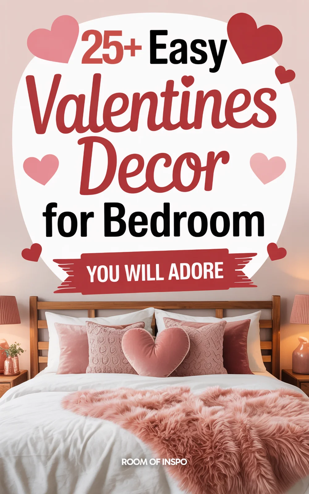 Pinterest pin showing a cozy and charming valentines day bedroom with pink throws and heart decor, titled “25+ Easy Valentines Decor for Bedroom You Will Adore”.