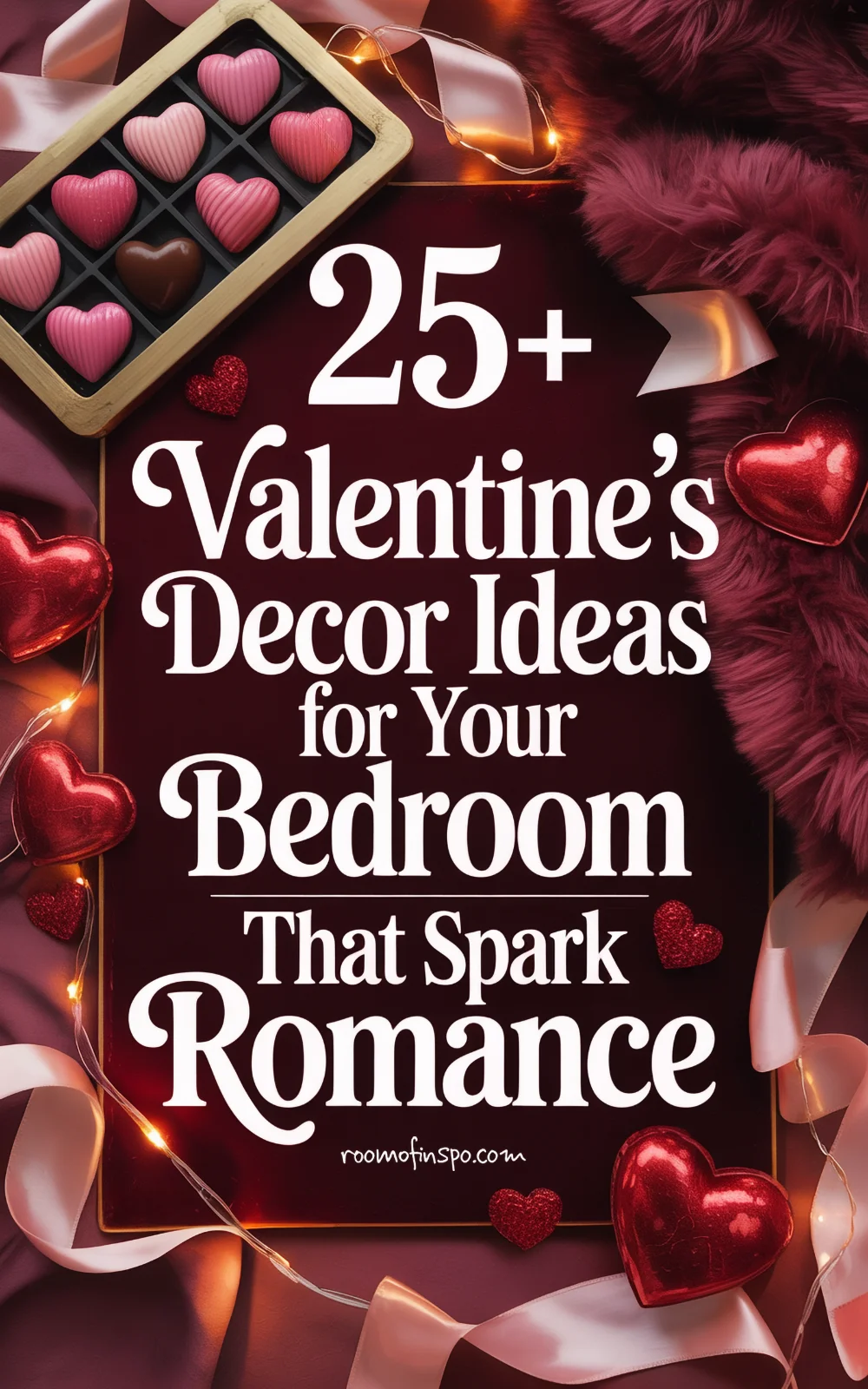 Flat lay image showing romantic valentines day bedroom decor with chocolates and plush textiles on a textured background, titled “25+ Valentines Decor for Bedroom That Spark Romance”.