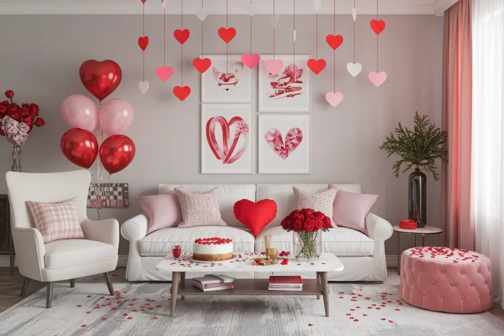A living room decorated for Valentine's Day with a white sofa, red and pink heart-shaped balloons, a heart-shaped wreath, and a coffee table filled with treats.