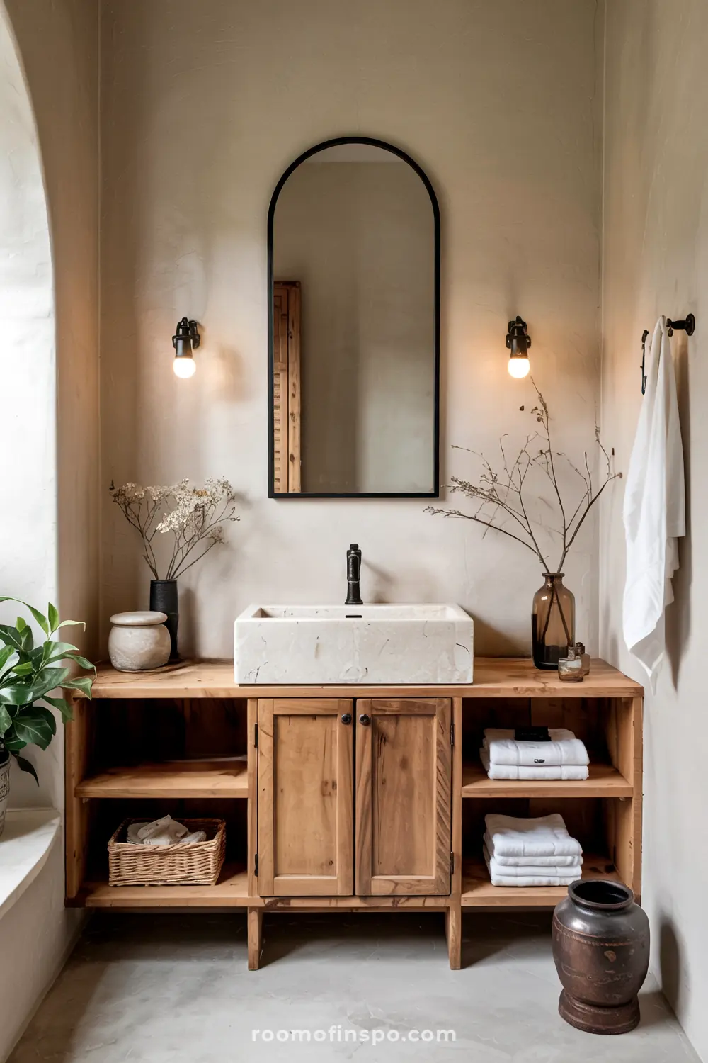 Wabi Sabi bathroom featuring a wooden vanity with a white rectangular sink, an arched mirror with a black frame, two exposed-bulb wall lights, and open shelves with folded towels and decorative items.