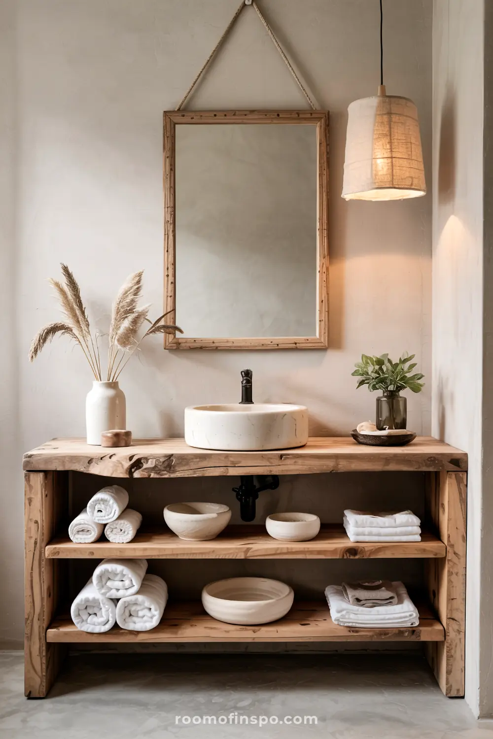 Wabi Sabi bathroom featuring a natural wooden vanity with a rope-hung mirror, a round vessel sink, black faucet, dried pampas grass, neatly rolled towels, and soft lighting for a rustic and calming aesthetic.