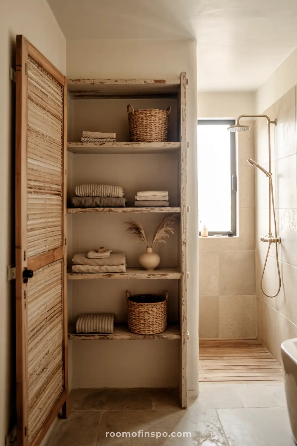 Wabi Sabi bathroom featuring a wooden shelving unit with neatly folded towels, a woven door, a beige-tiled shower area with a window, and wooden slats on the floor.