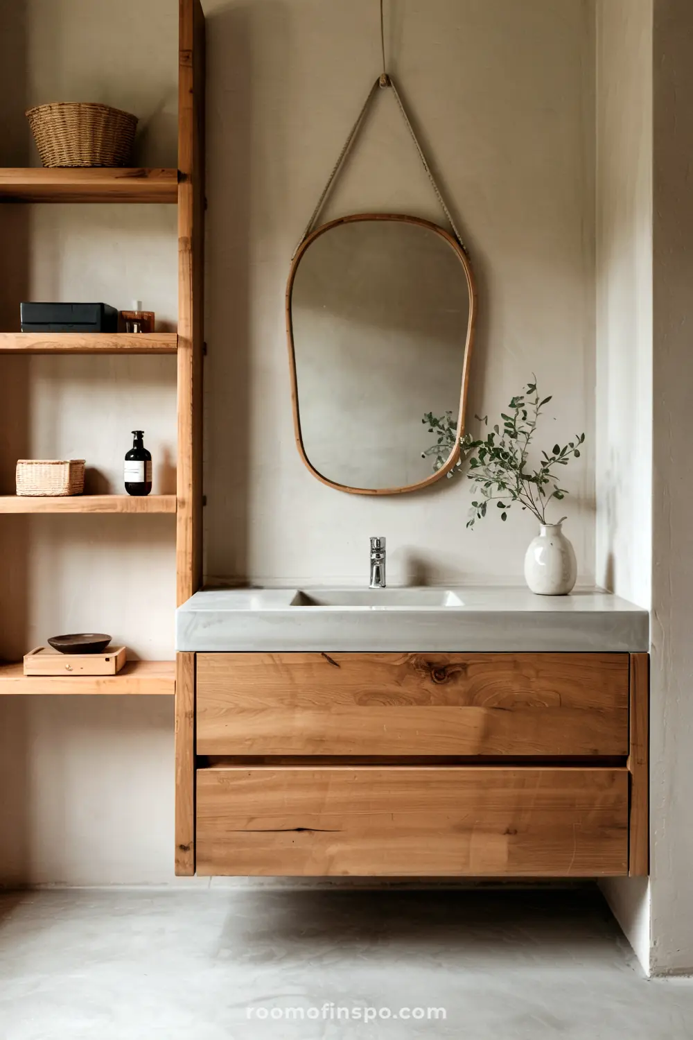 Wabi Sabi bathroom featuring a wooden vanity with two drawers, a white countertop with a built-in sink, a round mirror, a white vase with green foliage, and a wooden shelving unit with various decor items.