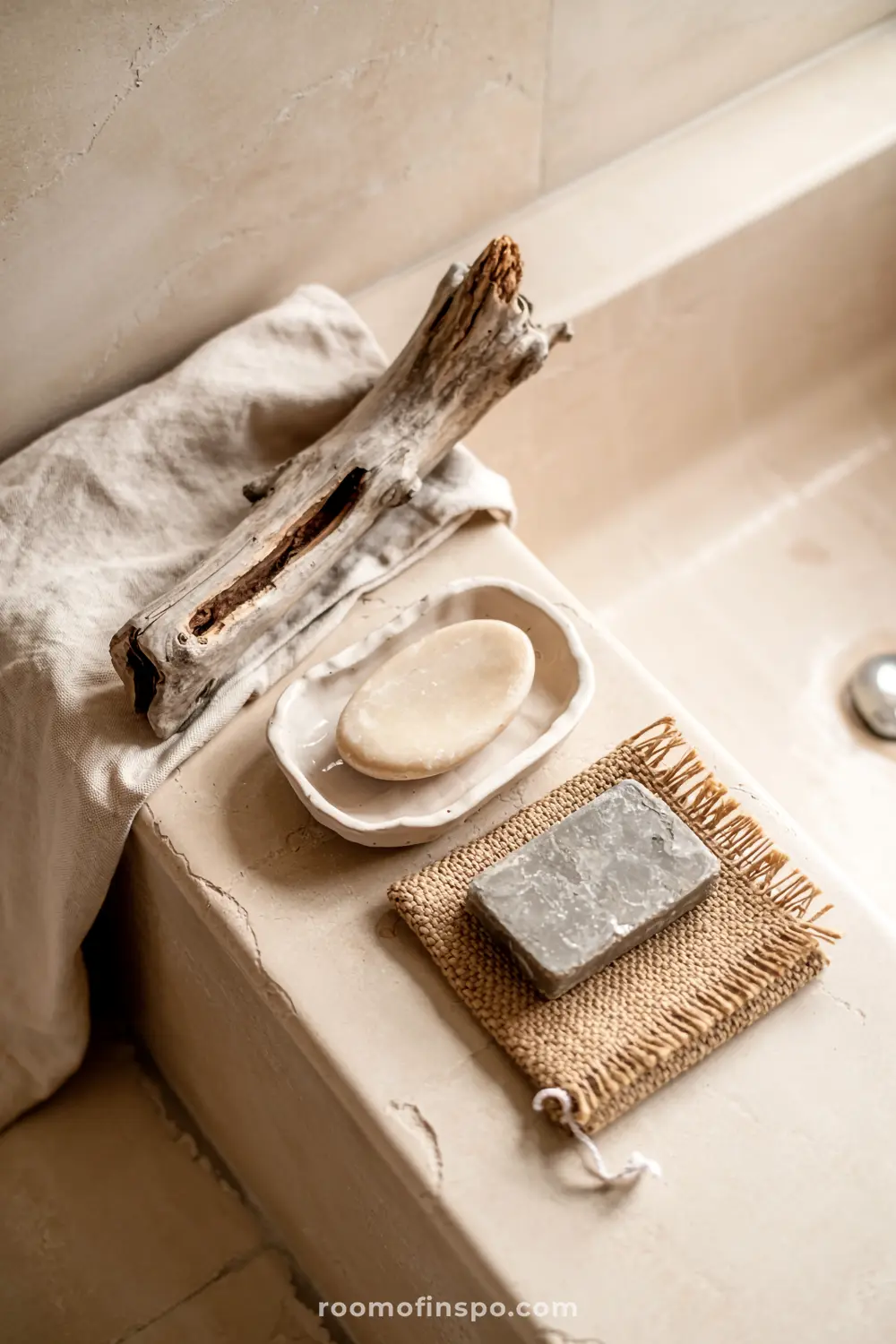 Wabi Sabi bathroom scene featuring a beige bathtub edge decorated with driftwood, a woven mat, white cloth, and soap dishes for a serene and rustic touch.