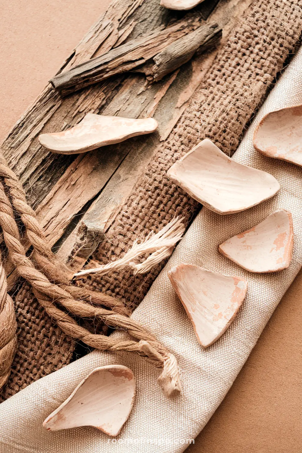 A Wabi Sabi-inspired bedroom featuring natural and rustic elements such as burlap fabric, rope, weathered wood, and broken pottery, arranged with an earthy, textured aesthetic.