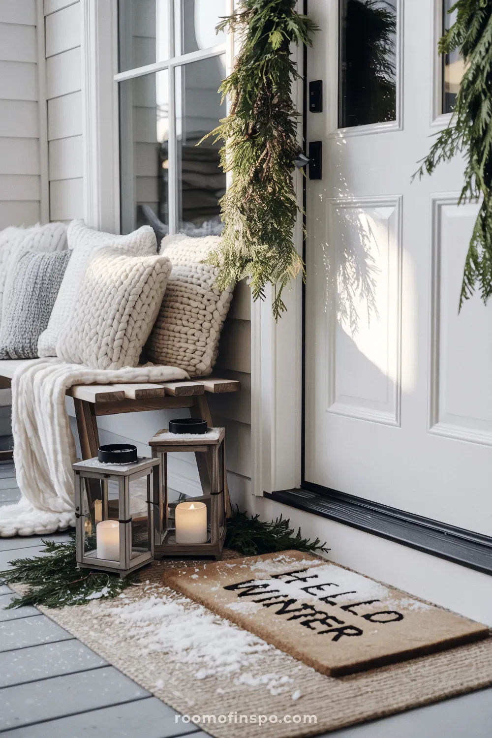 Snowy porch featuring cozy winter decor with knit pillows, lanterns, and a welcoming seasonal doormat.