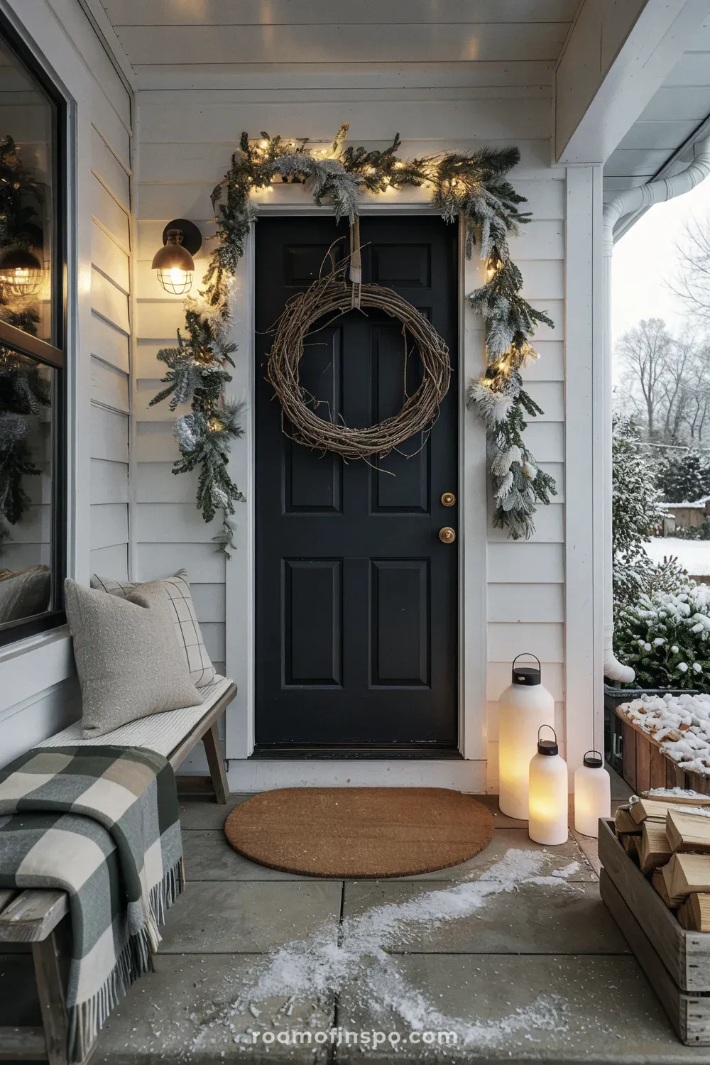 Elegant entryway showcasing illuminated winter decor with a rustic wreath, garland, and glowing floor lanterns.